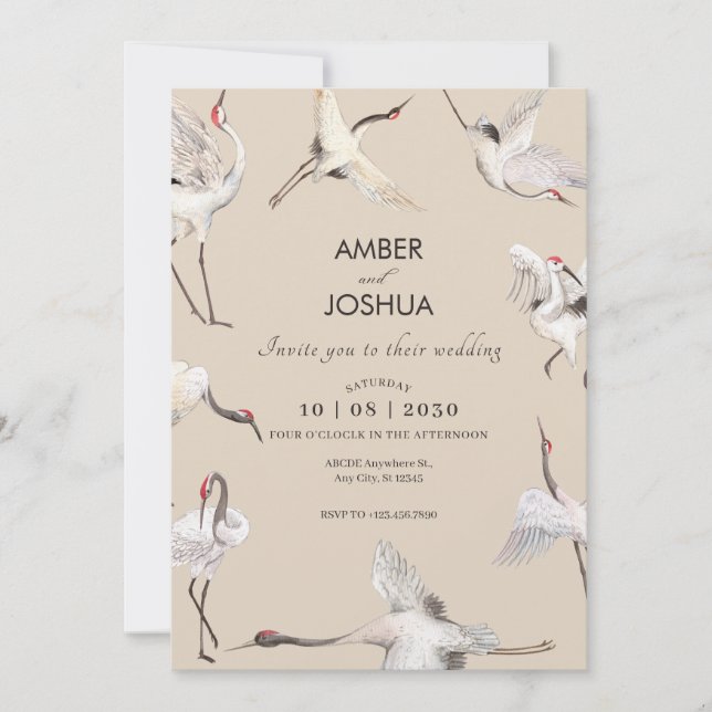 Invitación Boda de arte Beige soft Crane birds (Anverso)