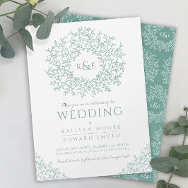 Invitación Boda de arte con monograma de hoja gris verde