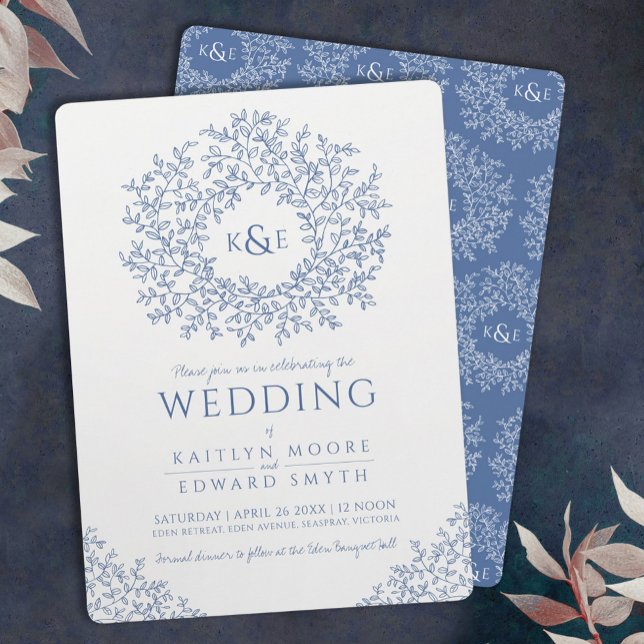 Invitación boda de arte con monograma de hojas dibujadas a ma (Subido por el creador)