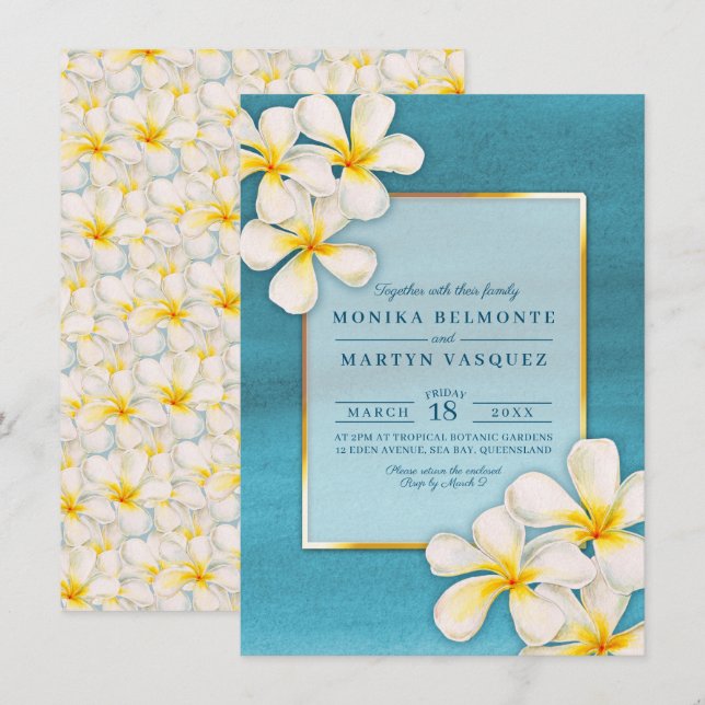 Invitación Boda de arte de flores tropicales blancas de Frang (Anverso / Reverso)