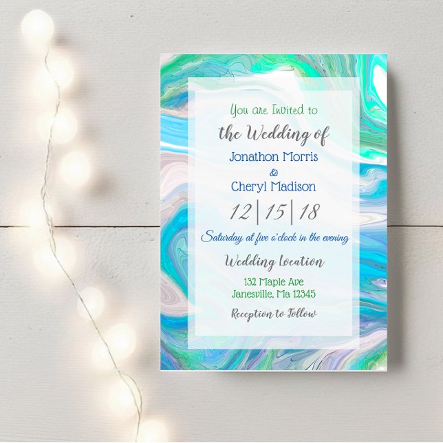 Invitación Boda de arte de fluidos de mármol azul, verde y bl (Subido por el creador)