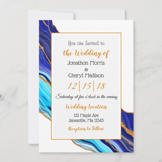 Invitación Boda de arte de fluidos de mármol azul y dorado (Anverso)