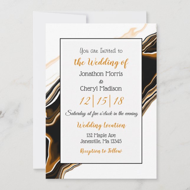 Invitación Boda de arte de fluidos de mármol negro, dorado y  (Anverso)