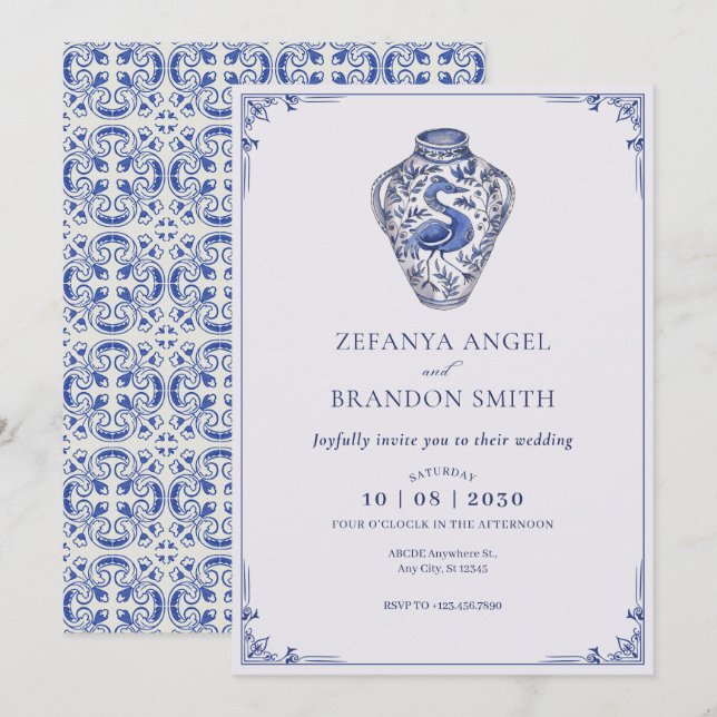 Invitación Boda de arte de jarrón blanco azul (Anverso / Reverso)