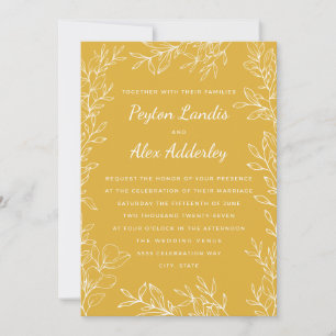 Invitación Boda de arte de la Línea Botánica Blanca Amarilla 