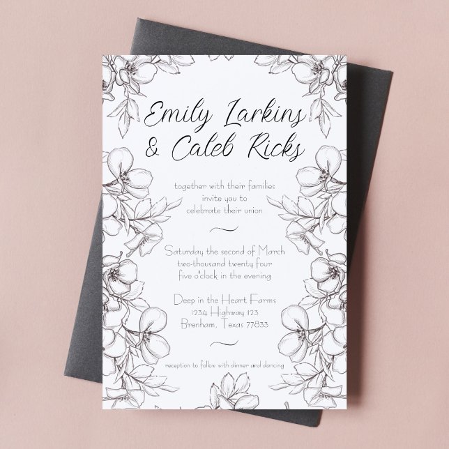Invitación Boda de arte de la línea de marco floral en blanco (black and white line art floral border wedding invitation script cursive typography elegant design)