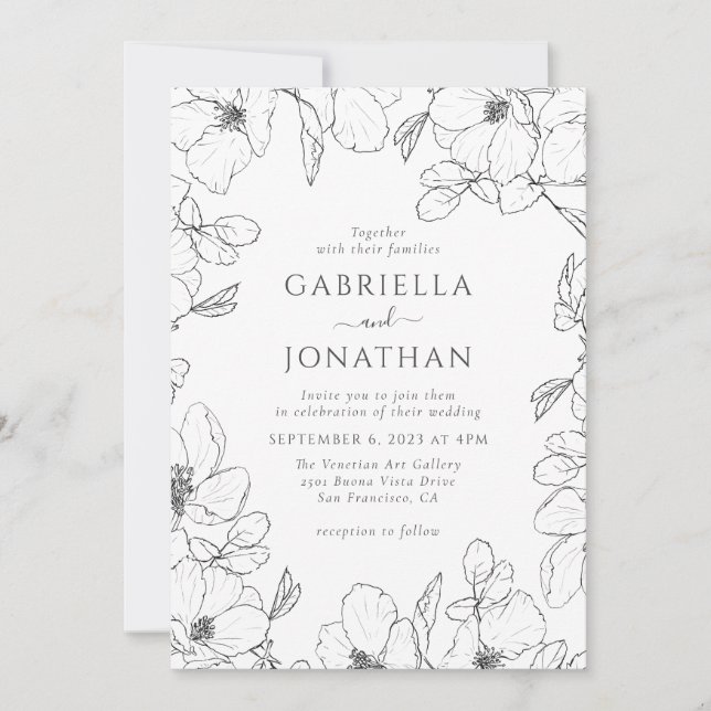 Invitación Boda de arte de la línea floral blanca moderna en  (Anverso)