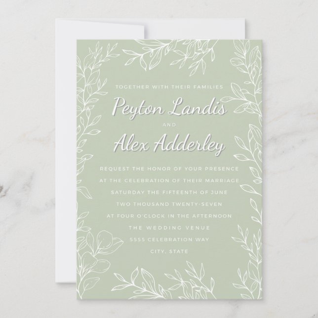 Invitación Boda de arte de línea botánica blanca verde salvia (Anverso)