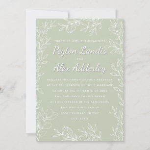 Invitación Boda de arte de línea botánica blanca verde salvia