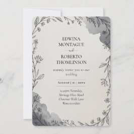 Invitación Boda de arte de línea botánica gris Heritage