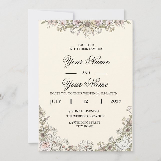 Invitación Boda de arte de línea de flores silvestres boho mo (Anverso)
