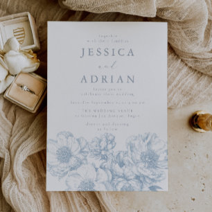 Invitación Boda de Arte de Línea de Peonía Azul Clásica