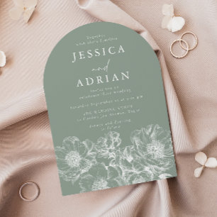 Invitación Boda de arte de línea de peonía blanca y verde sal