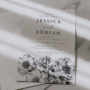 Invitación Boda de Arte de Línea de Peonía Clásica en Blanco