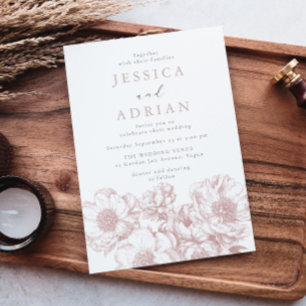 Invitación Boda de Arte de Línea de Peonía Clásica Rosada