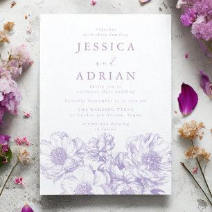 Invitación Boda de Arte de Línea de Peonía Lavanda Elegante