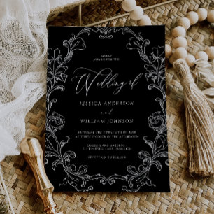 Invitación Boda de arte de línea en blanco y negro rococó vin