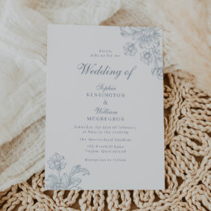 Invitación Boda de arte de línea floral azul polvoriento