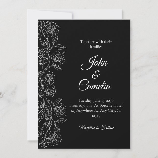 Invitación Boda de arte de línea floral en blanco y negro (Anverso)