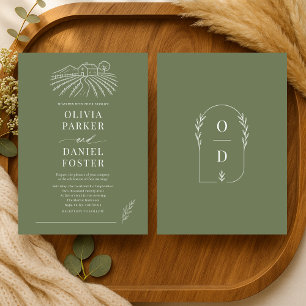 Invitación Boda de arte de línea verde oliva de Viñedo Bodega