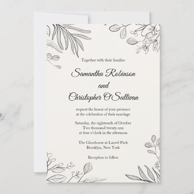 Invitación Boda de arte de líneas botánicas mínimas (Anverso)