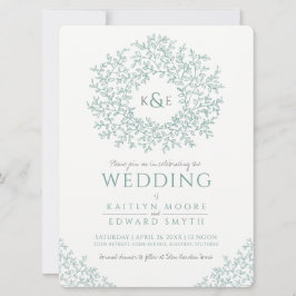 Invitación Boda de arte de monograma de hoja verde aplanada