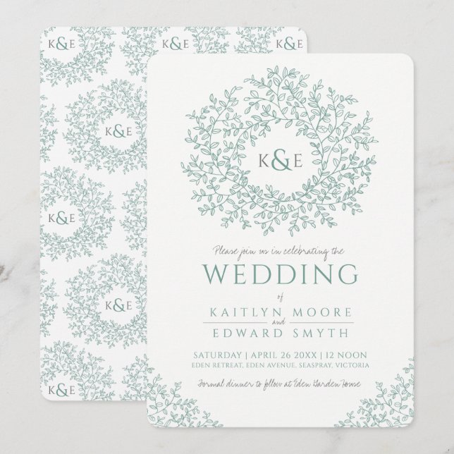 Invitación Boda de arte de monograma de hoja verde aplanada (Anverso / Reverso)