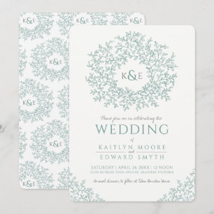 Invitación Boda de arte de monograma de hoja verde aplanada