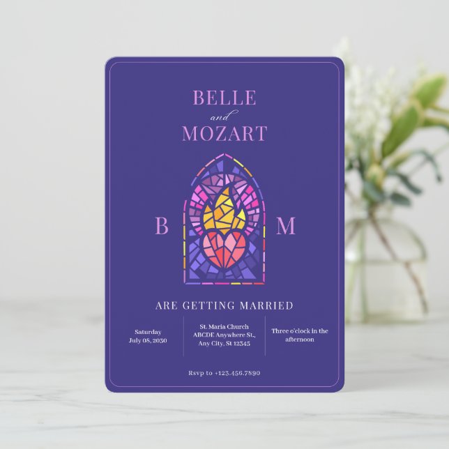 Invitación Boda de arte de vidrio manchado de corazón en colo (Anverso de pie)