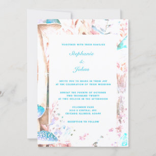 Invitación Boda de arte del hongo verde azulado Blue Boho Woo