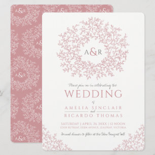 Invitación boda de arte en monograma con hoja de color rosa R