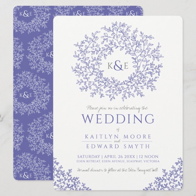 Invitación boda de arte en monograma de hoja azul (Anverso / Reverso)