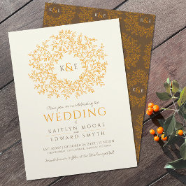 Invitación Boda de arte en monograma de hoja de naranja marró