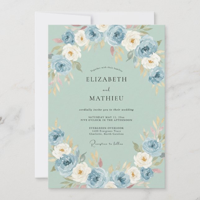 Invitación Boda de Arte Floral Azul (Anverso)