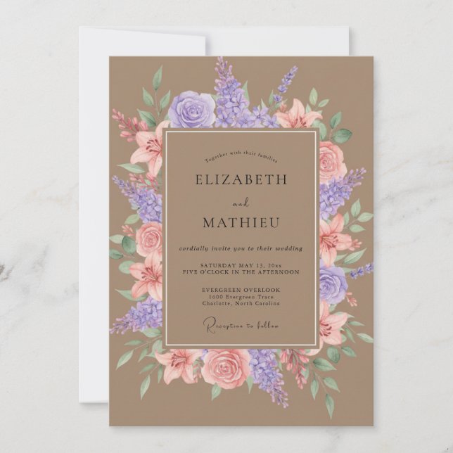 Invitación Boda de Arte Floral Lila Rubor (Anverso)