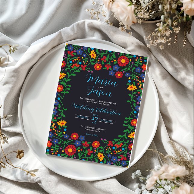 Invitación Boda de arte folclórico floral negro mexicano (Mexican Black Floral Colorful Folk Art Wedding Invitation)