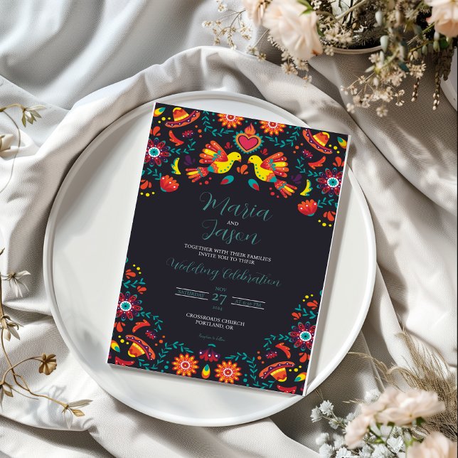 Invitación Boda de arte folclórico mexicano de la Fiesta Negr (Mexican Black Fiesta Sombrero Folk Art Wedding Invitation)