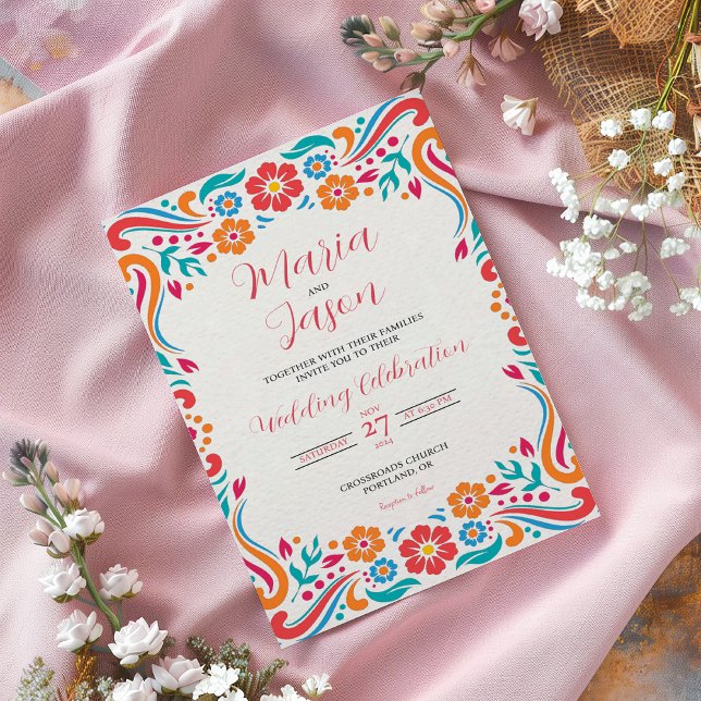 Invitación Boda de arte folclórico tradicional de la floral m (Mexican Floral Traditional Folk Art Wedding Invitation)