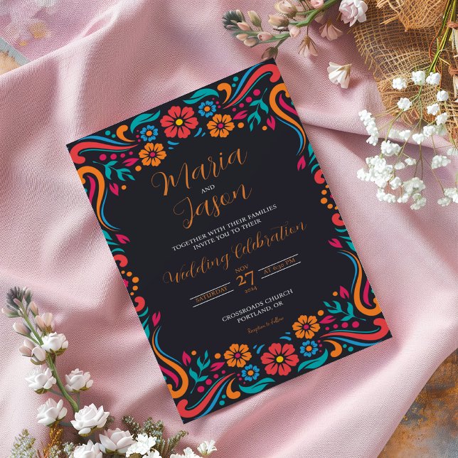 Invitación Boda de arte folclórico tradicional floral negro m (Mexican Black Floral Traditional Folk Art Wedding Invitation)