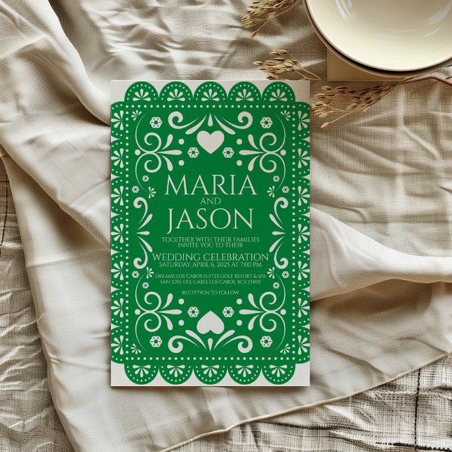 Invitación Boda de arte folclórico verde de Papel pintado en  (Mexican Papel Picado Green White Folk Art Wedding Invitation)