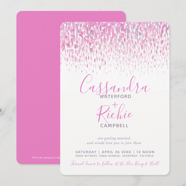 Invitación Boda de arte gris púrpura rosa con cascada (Anverso / Reverso)