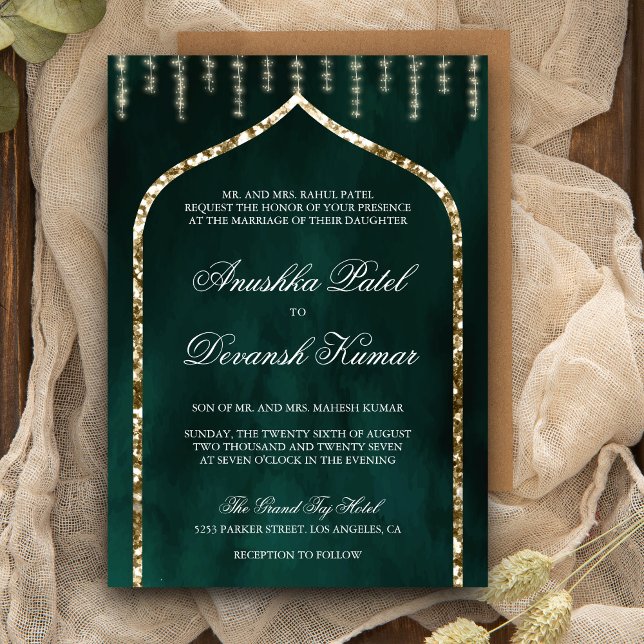 Invitación Boda de arte indio étnico de oro verde esmeralda (Subido por el creador)