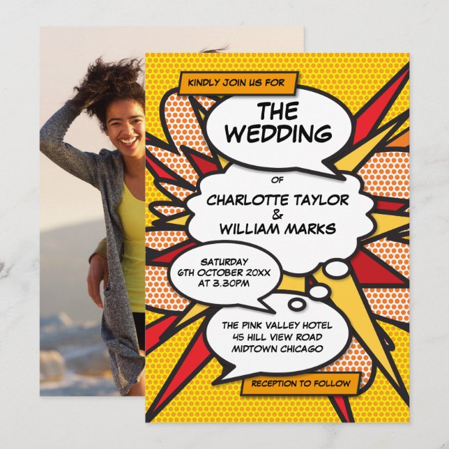 Invitación Boda de Arte Pop de Cómic Divertido Moderno (Anverso / Reverso)