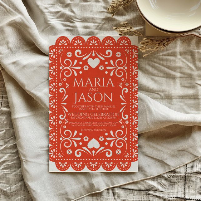 Invitación Boda de arte popular blanco Naranja Papel Picado d (Mexican Papel Picado Orange White Folk Art Wedding Invitation)