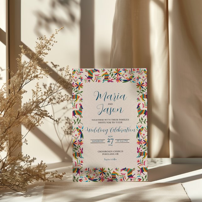 Invitación Boda de arte popular otomí tenangos colorido (Mexican Otomi Tenangos Colorful Folk Art Wedding Invitation)