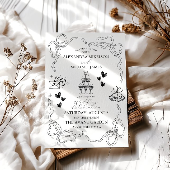 Invitación Boda de arte Retro Doodle en blanco y negro (Subido por el creador)