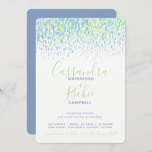 Invitación Boda de arte verde azul en cascada (Anverso / Reverso)