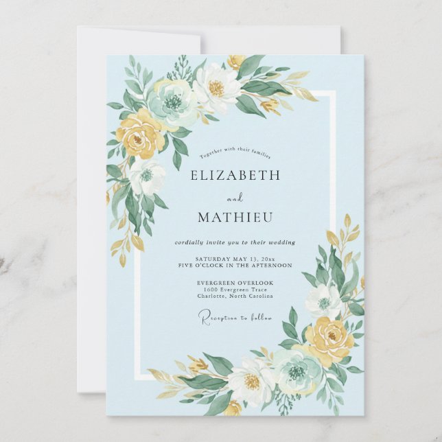 Invitación Boda de Artística Botánica Azul Cielo (Anverso)