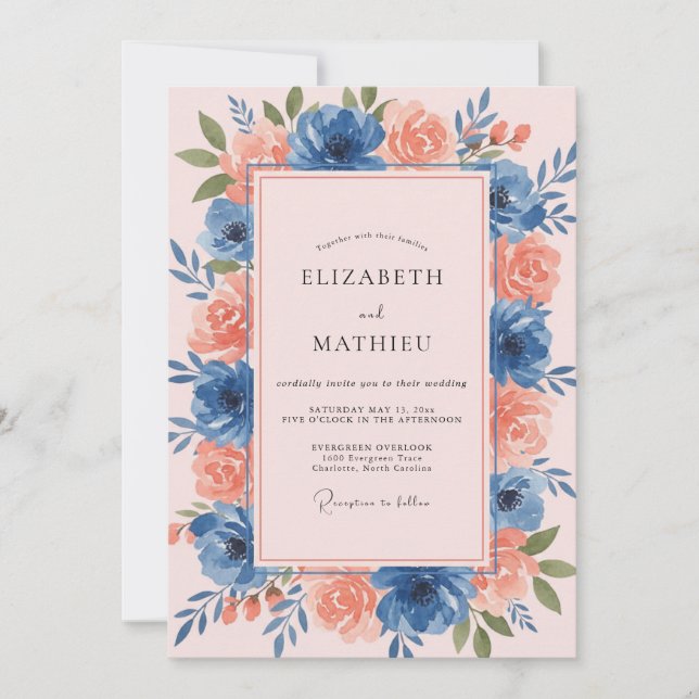 Invitación Boda de Artística Floral Azul Polvoriento (Anverso)