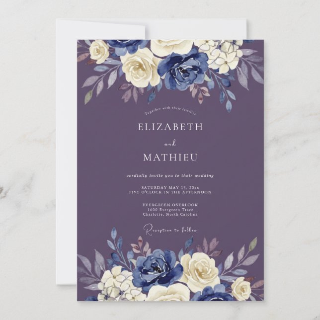 Invitación Boda de Artística Floral Índigo (Anverso)